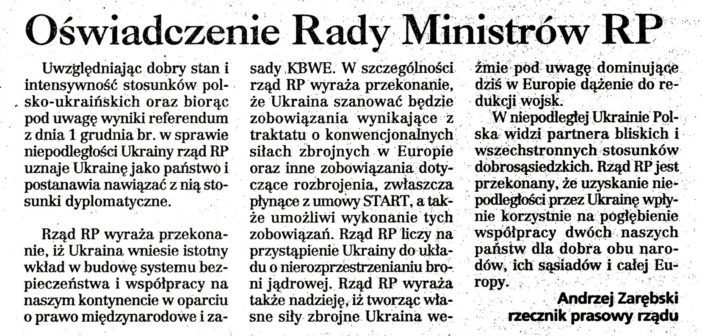 Заява Ради міністрів Польщі про започаткування дипломатичних відносин з Україною, опубліковане в пресі, 3 грудня 1991