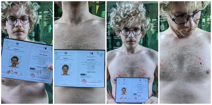Український художник в Польщі в знак протесту прибив степлером на груди свій диплом магістра мистецтва