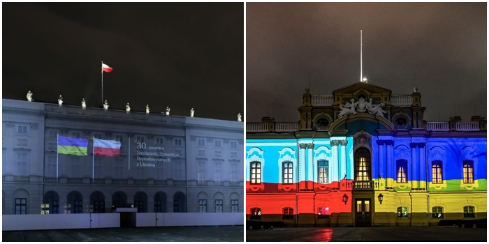 Президентські палаци у Варшаві та Києві підсвітили кольорами польського та українського прапорів. Так відзначили 30 років встановлення дипвідносин