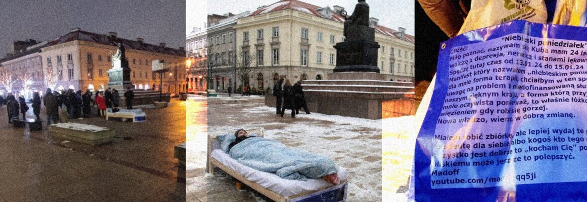 «Ліжко – це моя в’язниця»: чоловік три дні пролежав у ліжку в центрі Варшави, щоб звернути увагу суспільства на проблеми боротьби з депресією